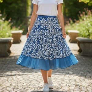 Focus 2000 Women's Skirt Size 6 A Line Blue White Paisley 100% Cotton Flare